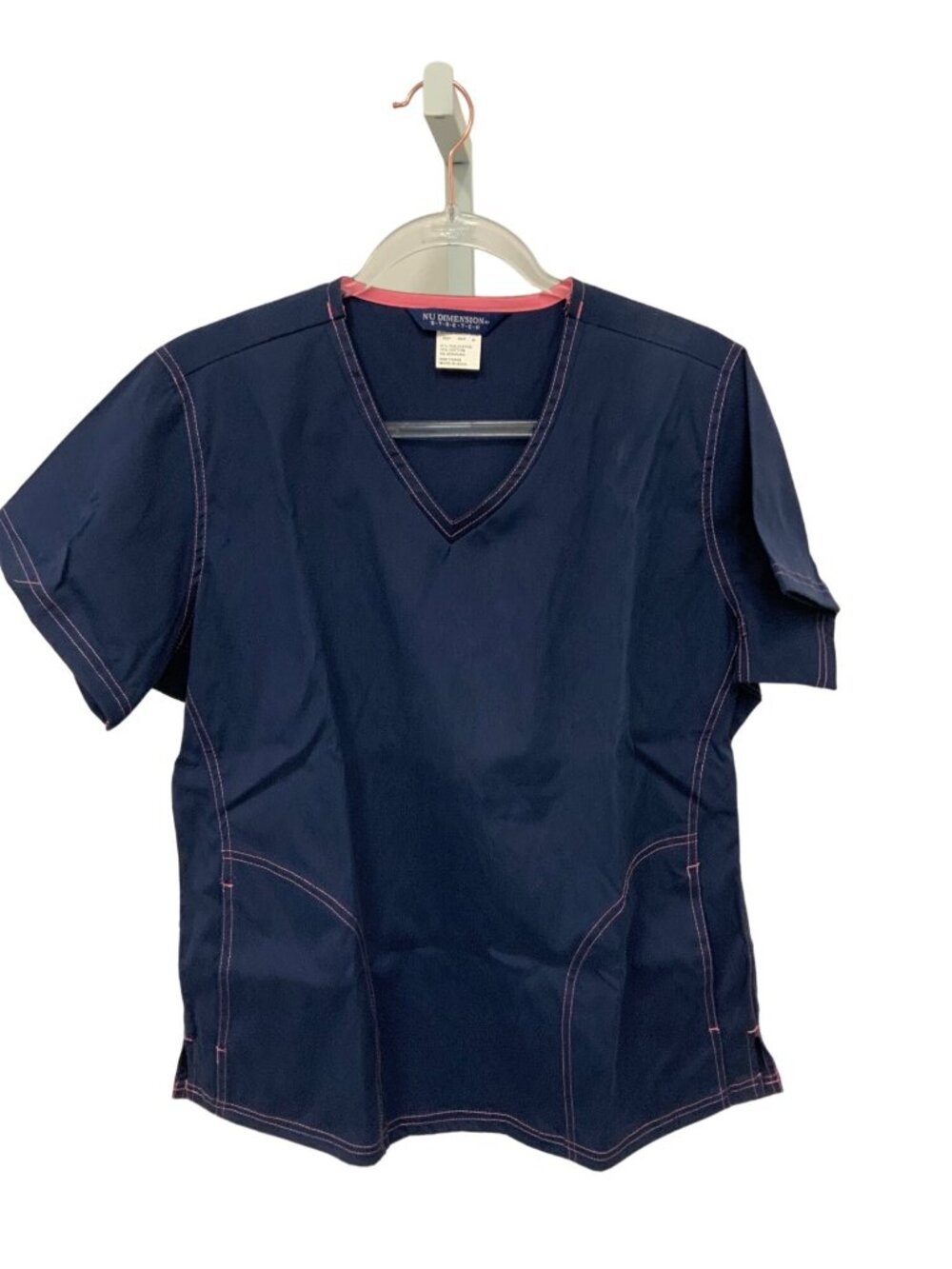 Nu Dimension Navy Scrubs Top W/ Pink Trim V-Neck